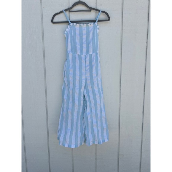 Nordstrom‎ Girls Striped Wide Flared Leg Jumpsuit, Ruffle Chest, Smocked Back, M - Picture 1 of 6